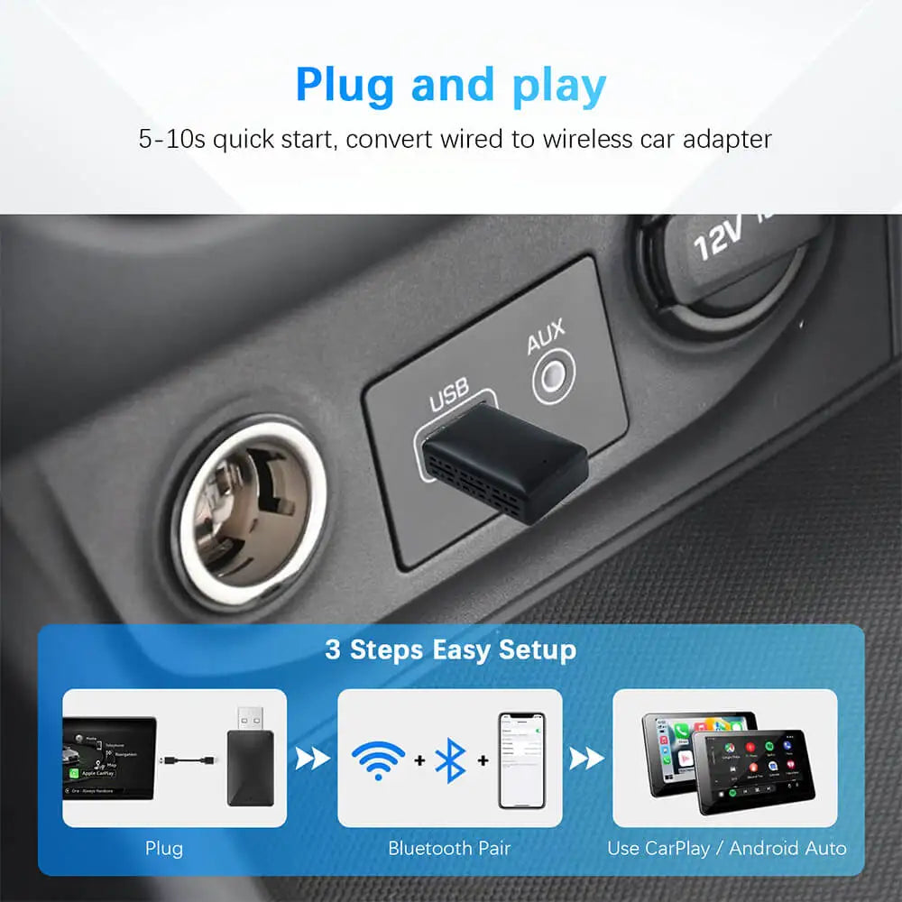 Adaptador 2 en 1 CarPlay y Android Auto – Convierte Cableado a Inalámbrico, USB Plug & Play para Radios OEM