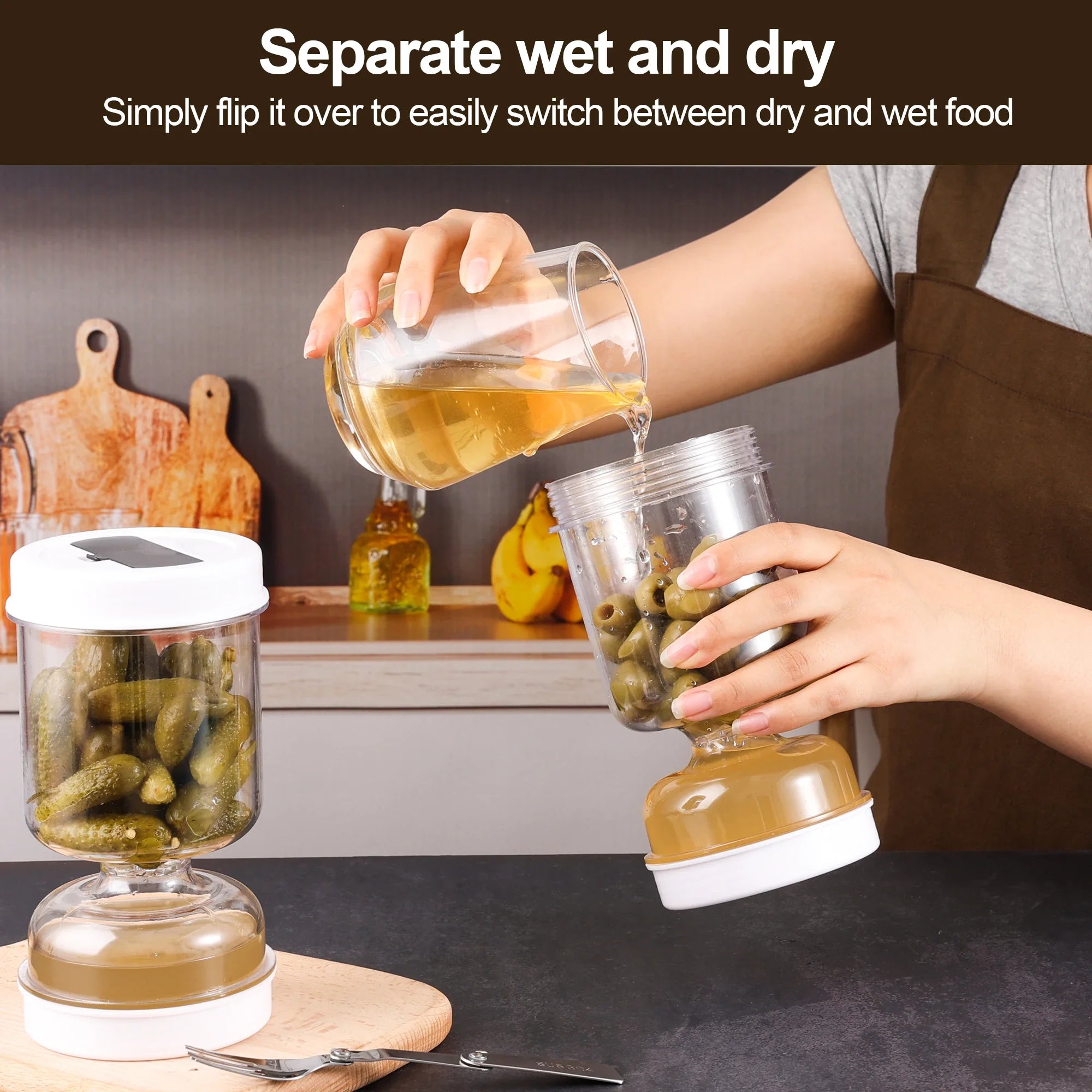 Tarro para Encurtidos con Tenedor – Dispensador Seco y Húmedo para Pepinillos, Aceitunas y Más, con Separador de Líquido