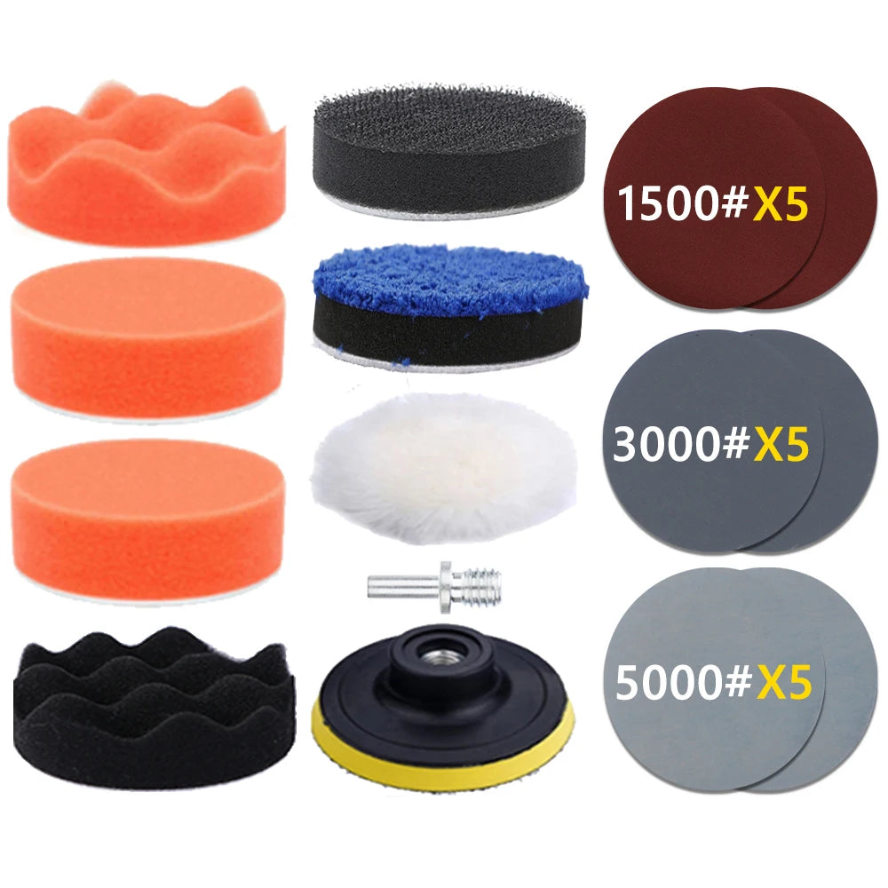 Kit de Pulido para Faros y Detallado de Coche – Esponjas, Lijas, Discos y Adaptador M10 para Taladro