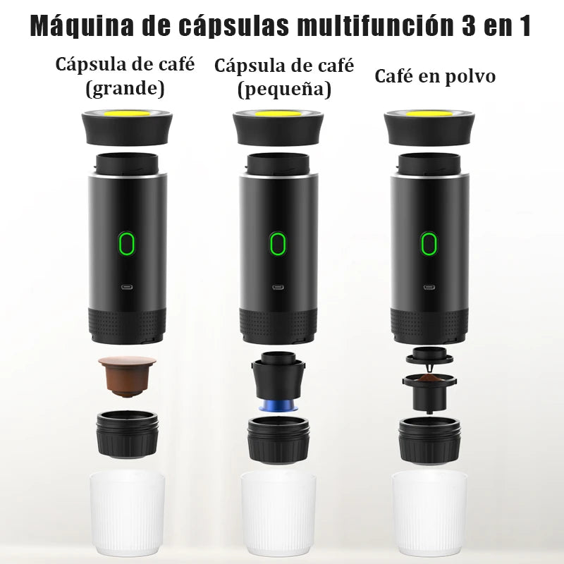 Cafetera Espresso Eléctrica Portátil 3 en 1 – Para Viaje, Coche y Casa, con Batería Recargable y Compatible con Cápsulas y Café Molido