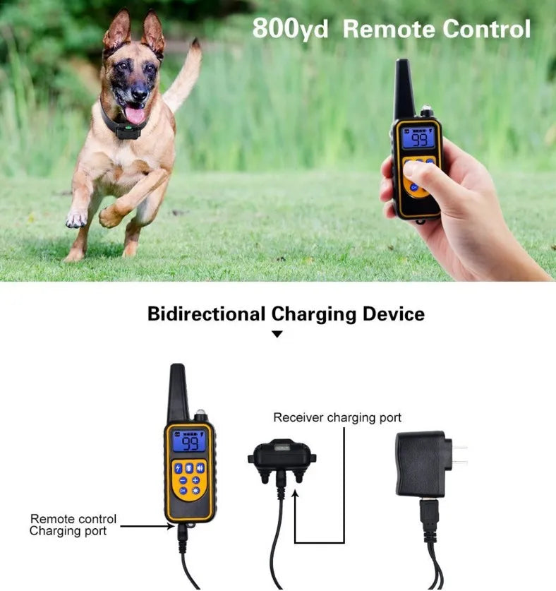 Collar de Adiestramiento Eléctrico para Perros – Alcance 800 m, Impermeable, Recargable, con Mando y Modos de Sonido, Vibración y Descarga