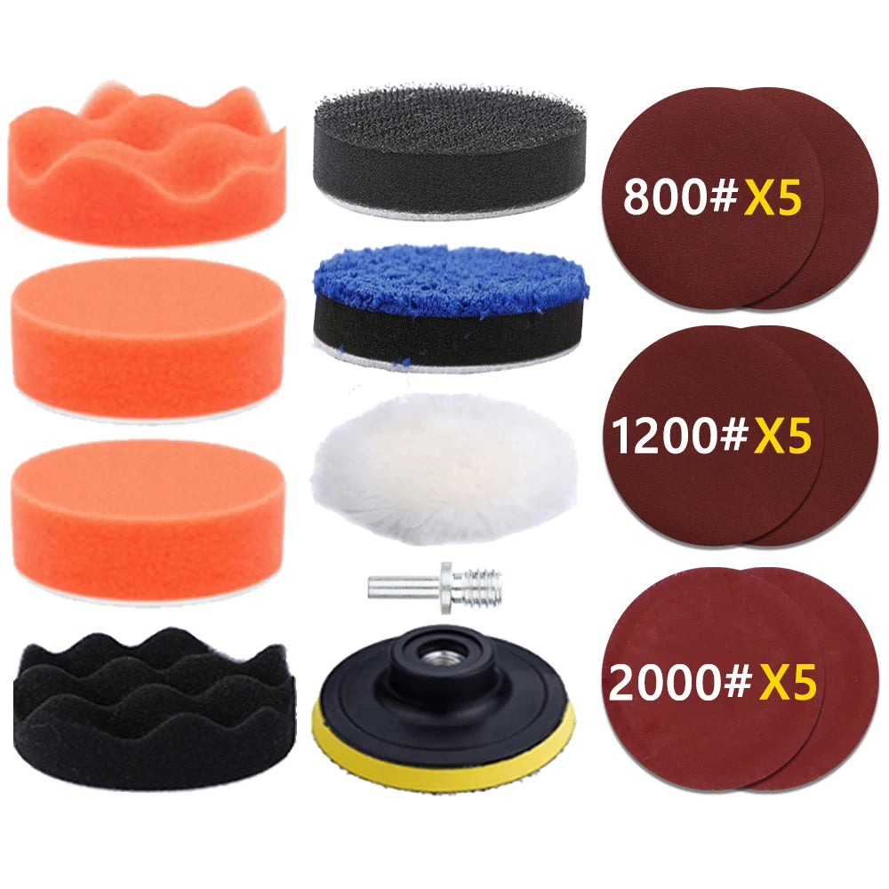 Kit de Pulido para Faros y Detallado de Coche – Esponjas, Lijas, Discos y Adaptador M10 para Taladro