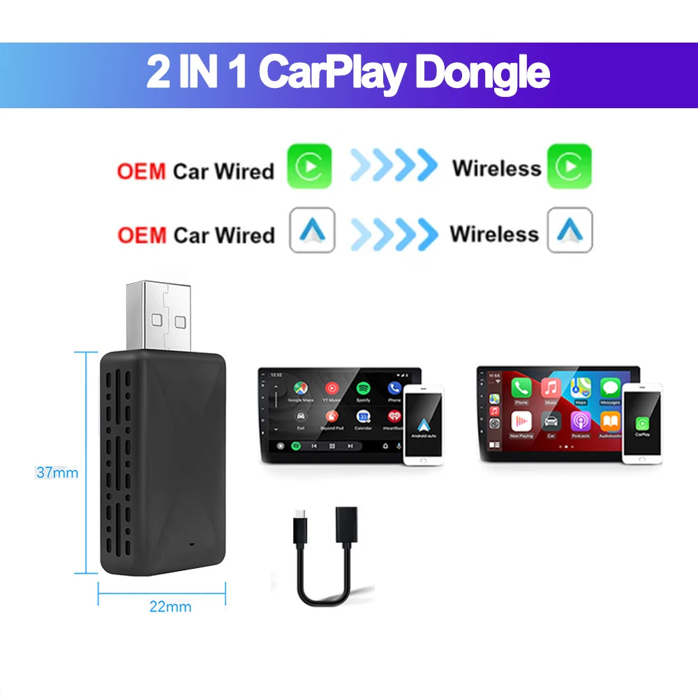 Adaptador 2 en 1 CarPlay y Android Auto – Convierte Cableado a Inalámbrico, USB Plug & Play para Radios OEM