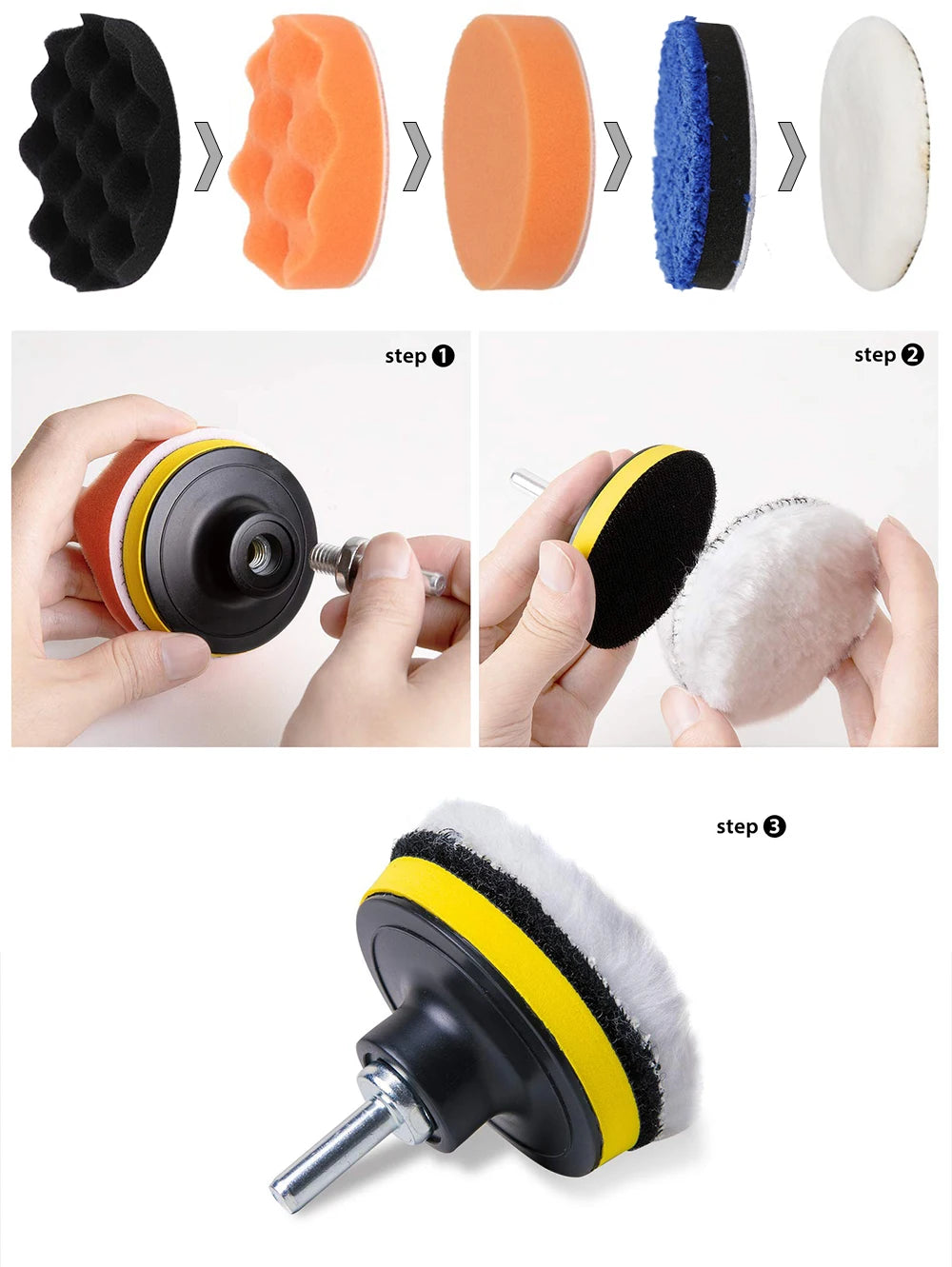 Kit de Pulido para Faros y Detallado de Coche – Esponjas, Lijas, Discos y Adaptador M10 para Taladro