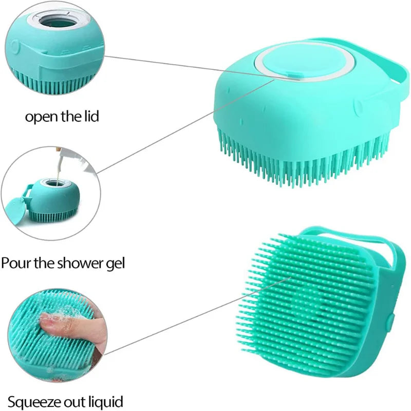 Cepillo de Silicona para Baño de Mascotas – Masajeador Suave 2 en 1 con Dispensador de Gel, para Perros y Gatos