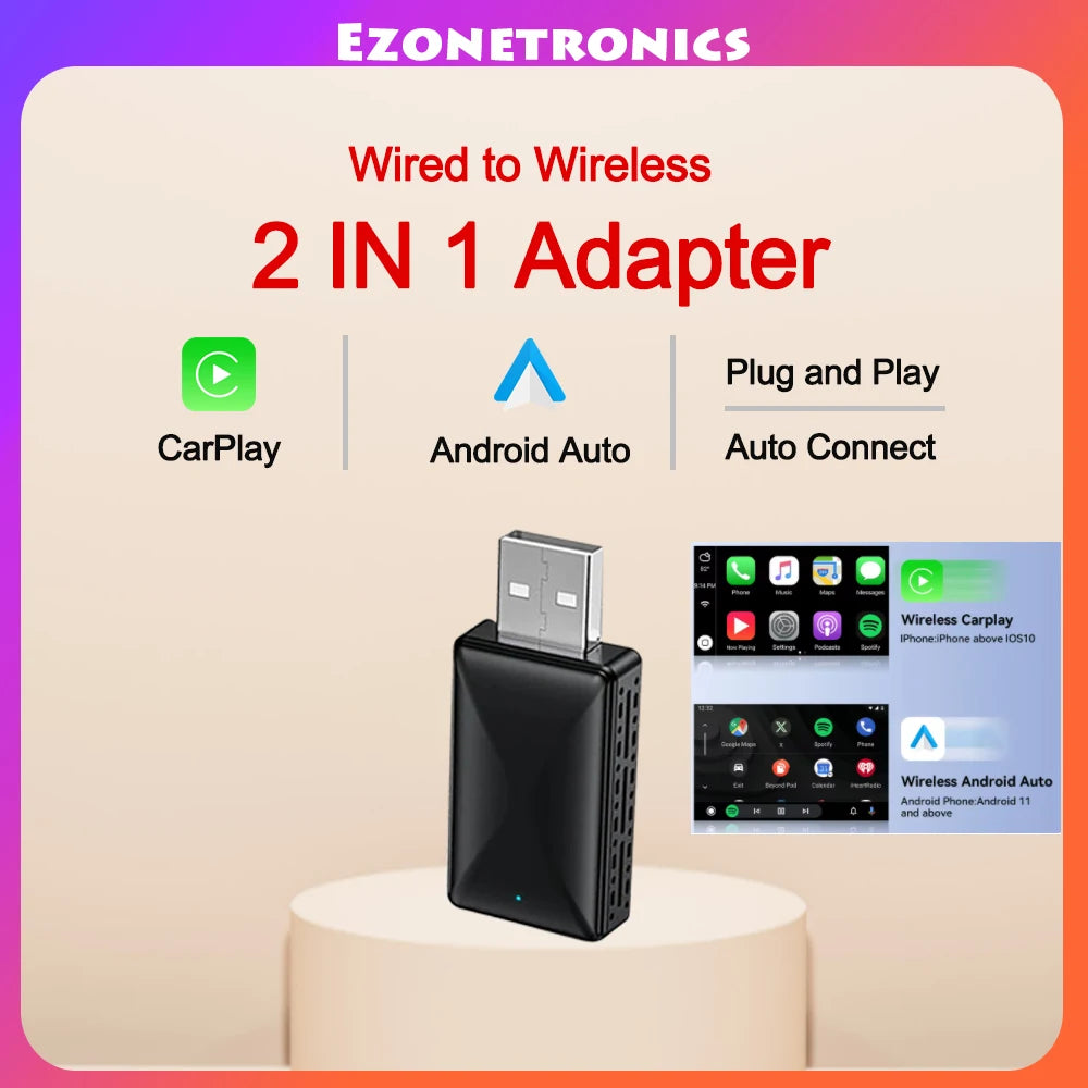 Adaptador 2 en 1 CarPlay y Android Auto – Convierte Cableado a Inalámbrico, USB Plug & Play para Radios OEM