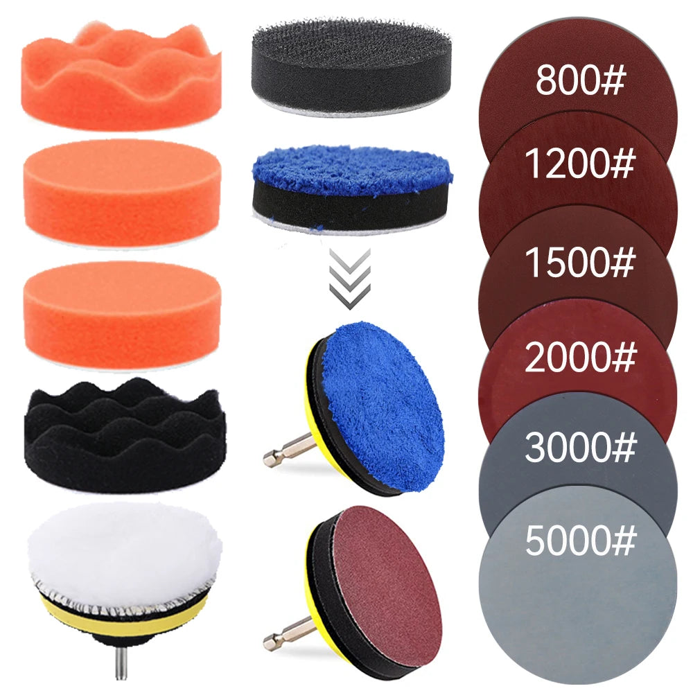 Kit de Pulido para Faros y Detallado de Coche – Esponjas, Lijas, Discos y Adaptador M10 para Taladro