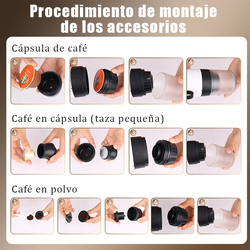Cafetera Espresso Eléctrica Portátil 3 en 1 – Para Viaje, Coche y Casa, con Batería Recargable y Compatible con Cápsulas y Café Molido