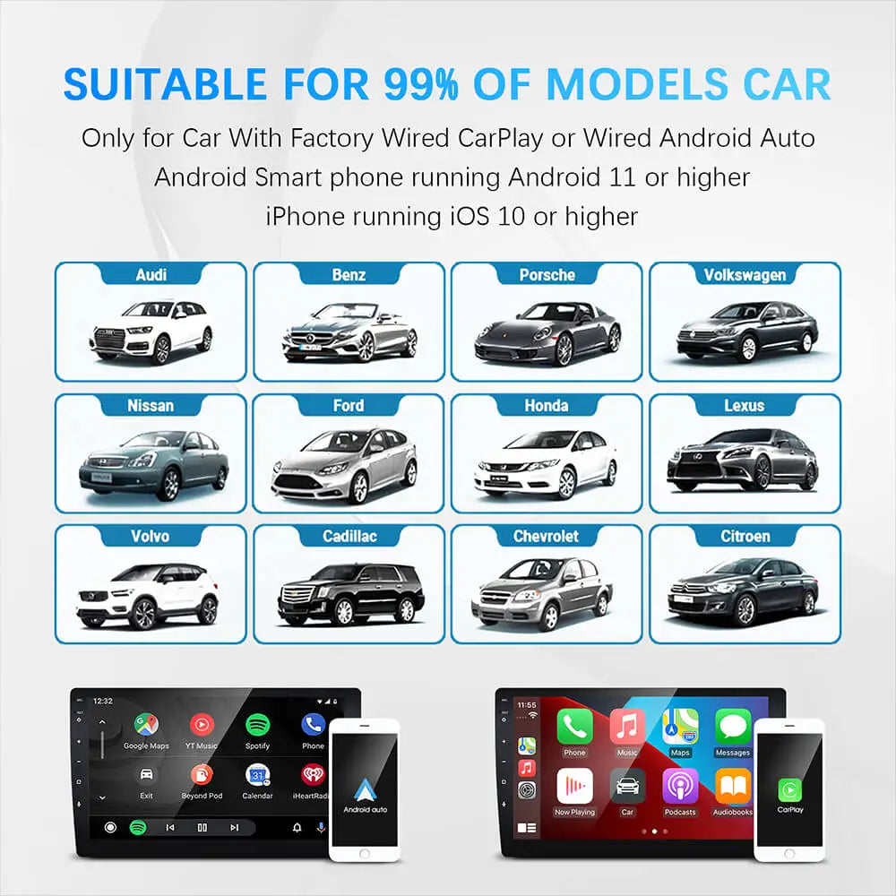 Adaptador 2 en 1 CarPlay y Android Auto – Convierte Cableado a Inalámbrico, USB Plug & Play para Radios OEM