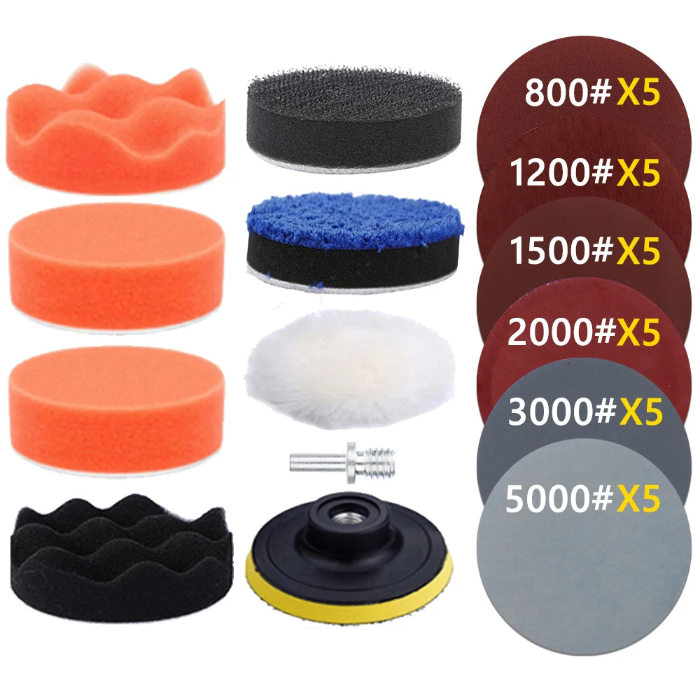 Kit de Pulido para Faros y Detallado de Coche – Esponjas, Lijas, Discos y Adaptador M10 para Taladro
