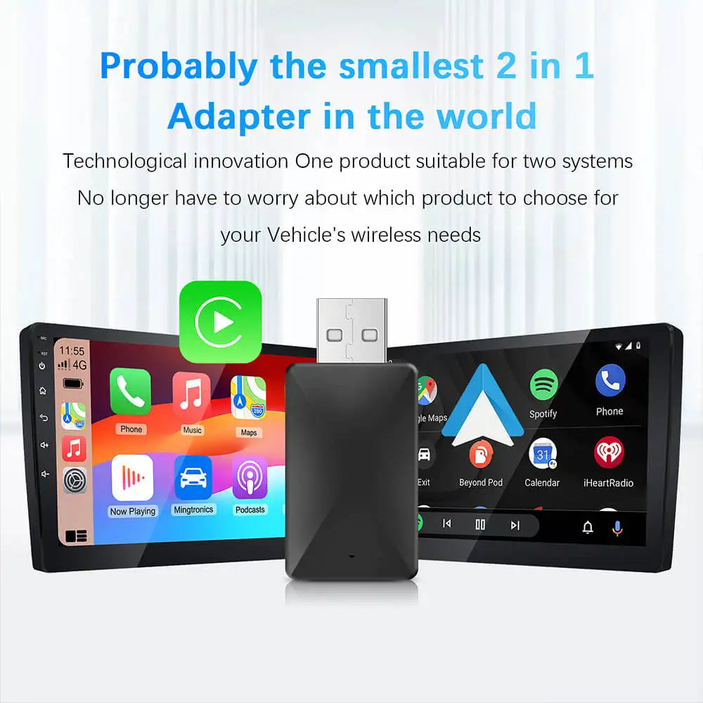 Adaptador 2 en 1 CarPlay y Android Auto – Convierte Cableado a Inalámbrico, USB Plug & Play para Radios OEM