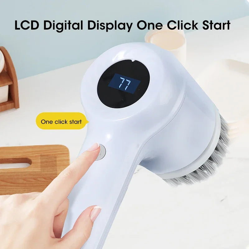 Cepillo Eléctrico Giratorio Inalámbrico 2025 – 5 Cabezales, Impermeable IPX7, Recargable por USB para Baño y Cocina