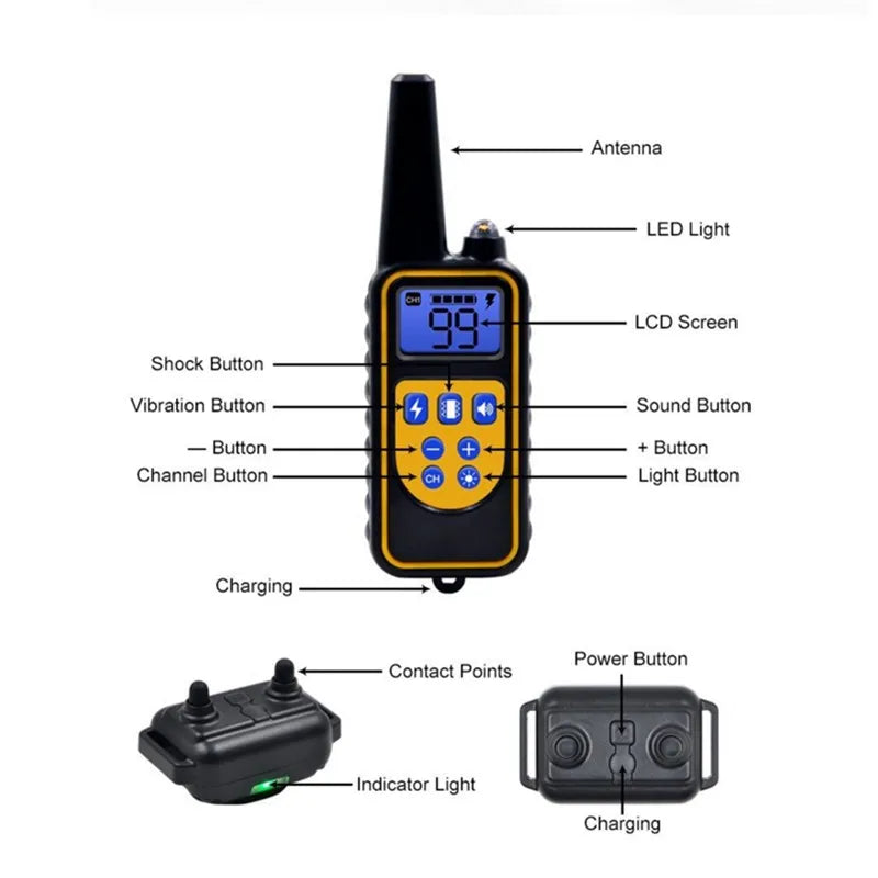 Collar de Adiestramiento Eléctrico para Perros – Alcance 800 m, Impermeable, Recargable, con Mando y Modos de Sonido, Vibración y Descarga