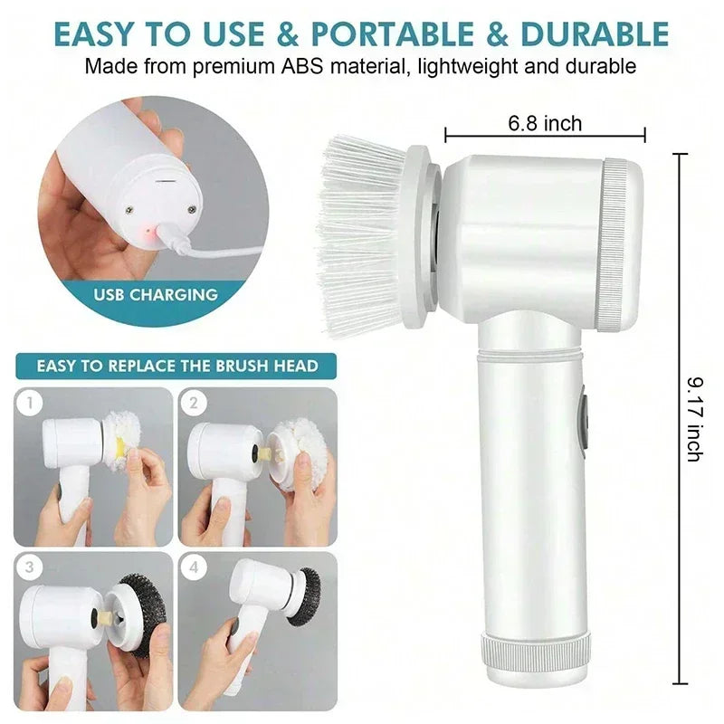 Cepillo Eléctrico Giratorio Inalámbrico 2025 – 5 Cabezales, Impermeable IPX7, Recargable por USB para Baño y Cocina