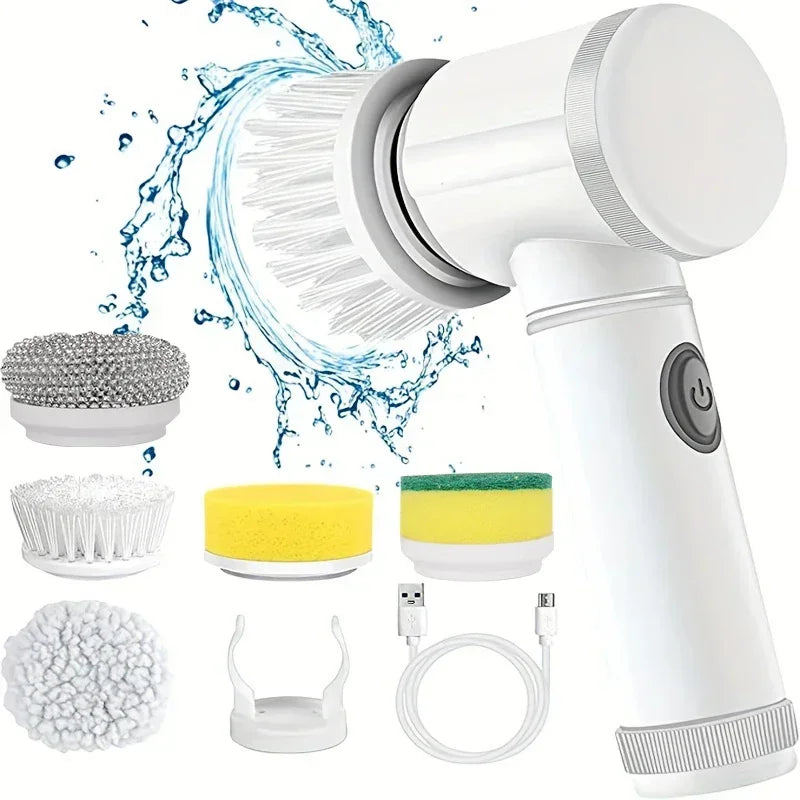 Cepillo Eléctrico Giratorio Inalámbrico 2025 – 5 Cabezales, Impermeable IPX7, Recargable por USB para Baño y Cocina