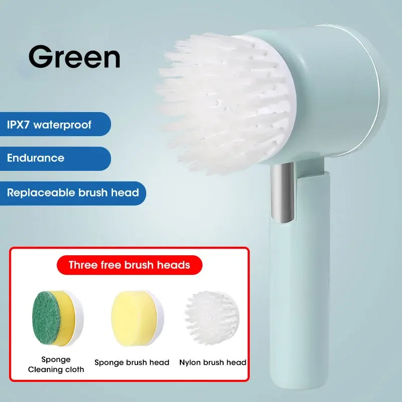 Cepillo Eléctrico Giratorio Inalámbrico 2025 – 5 Cabezales, Impermeable IPX7, Recargable por USB para Baño y Cocina